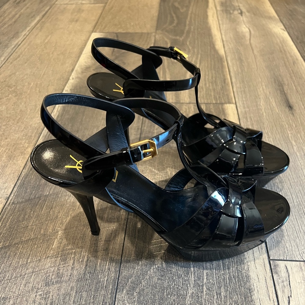 New Saint Laurent black patent tribute sandal heels 4” - Picture 3 of 9